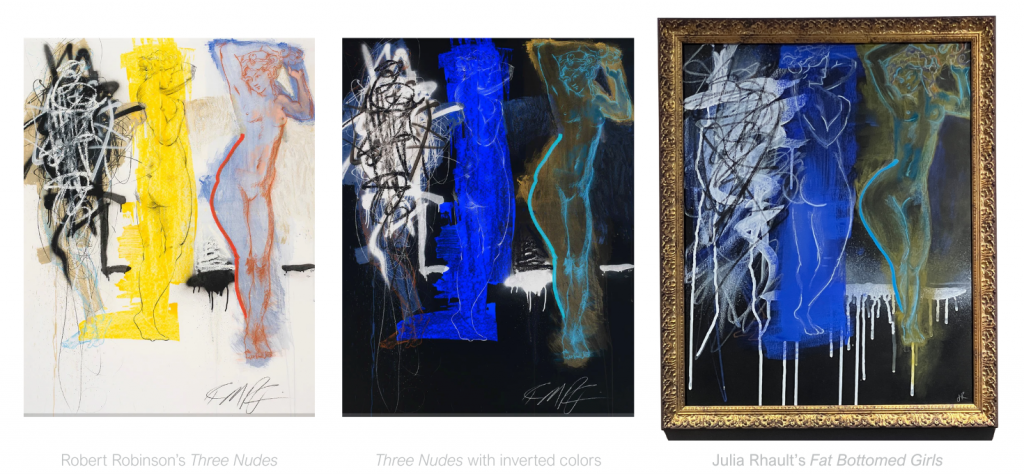 Julia Rhault's "Fat Bottomed Girls" painting next to the original inspiration: Robert Robinson's "Three Nudes"